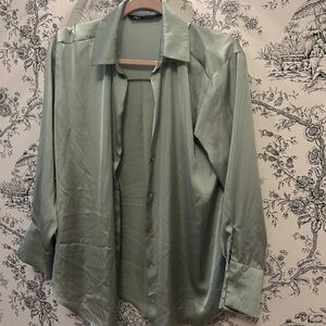 Satin Button-Up Shirt in Light Green